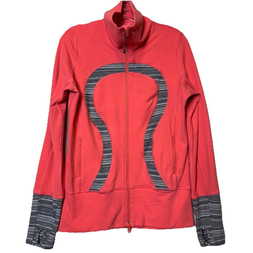 Lululemon In Stride Jacket Full Zip Coral Coal Strata Stripe Thumbholes Size 8